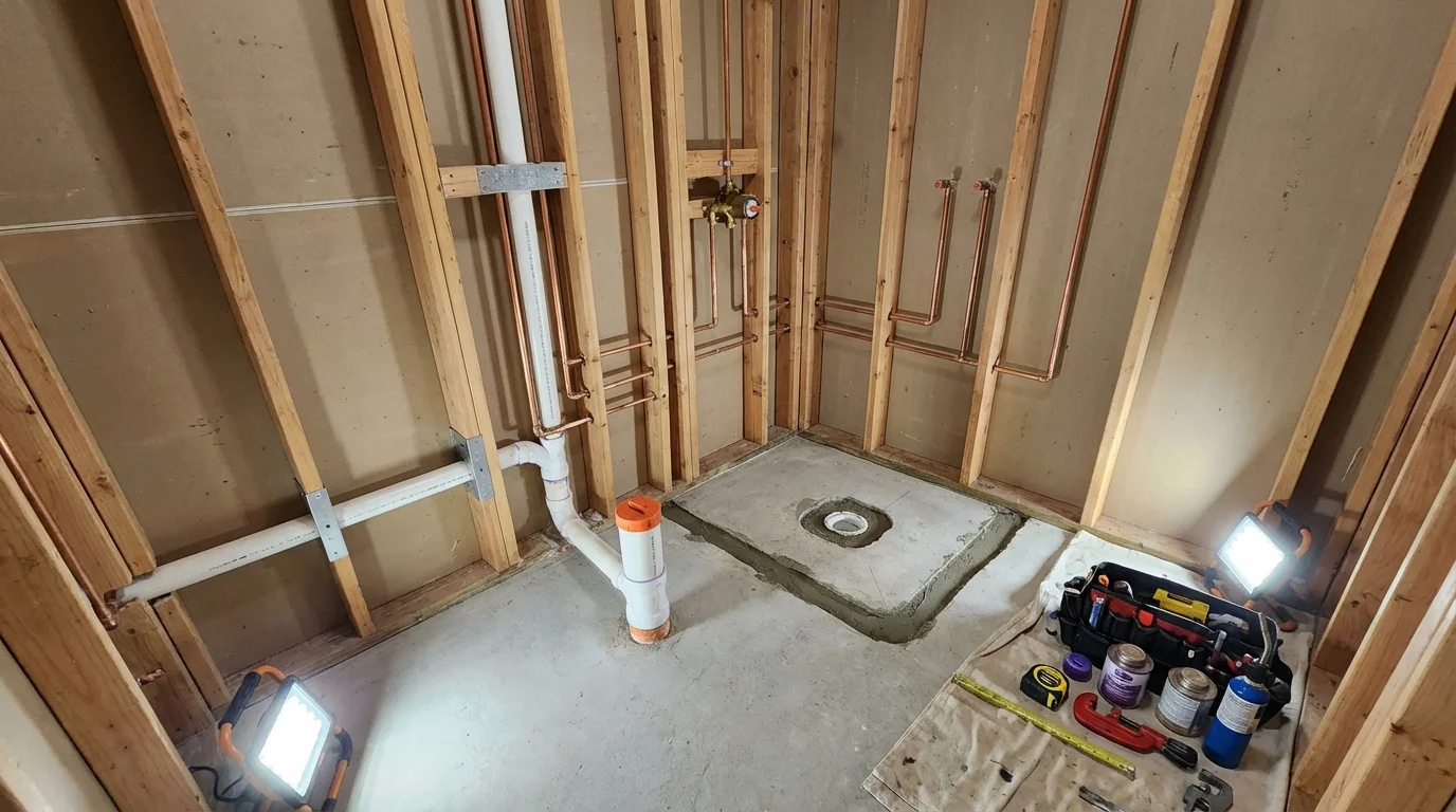 Bathroom rough-in plumbing during remodel by Johns Plumbing LLC in Manly