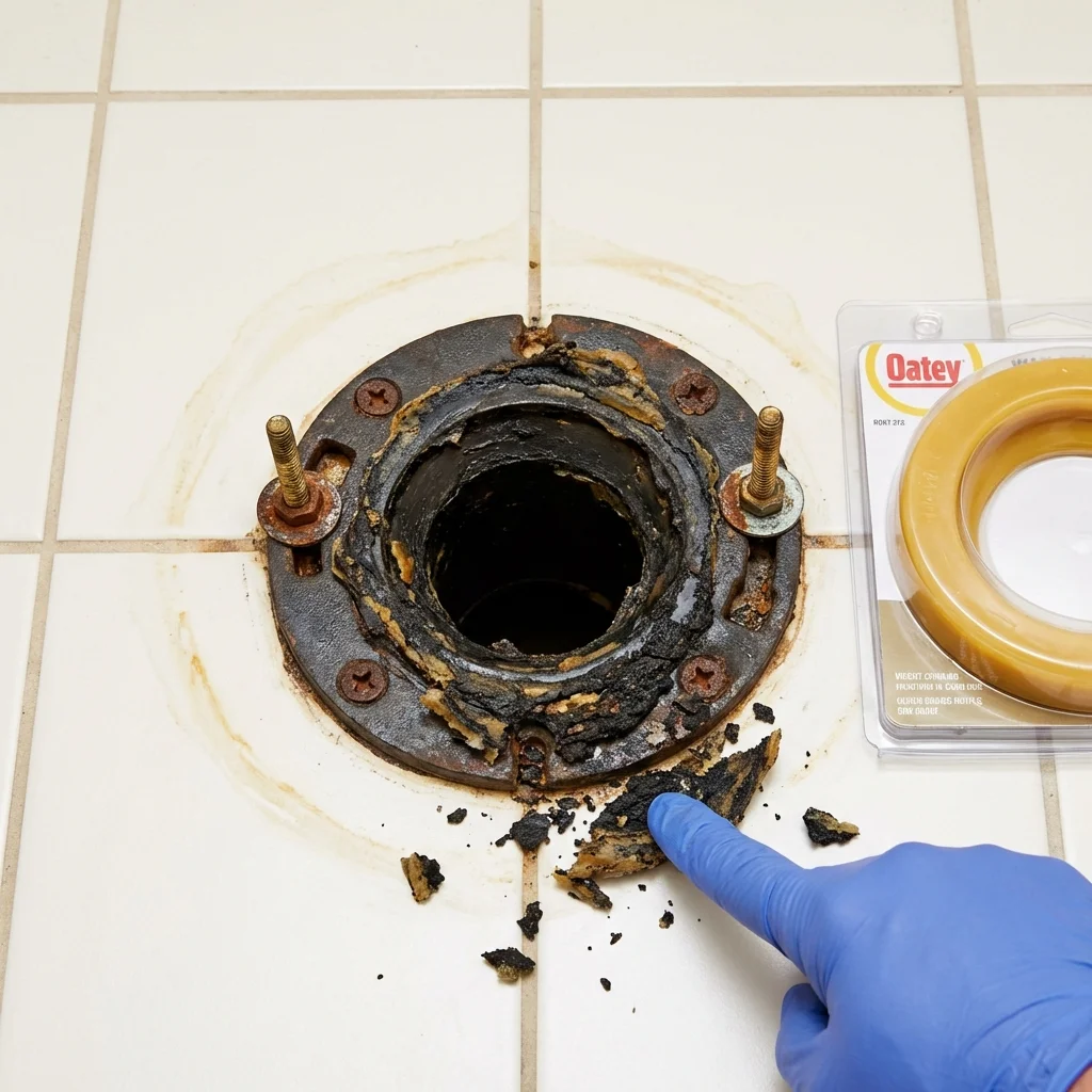 Failed wax ring showing water seepage at the base of a toilet in a Manly, IA home